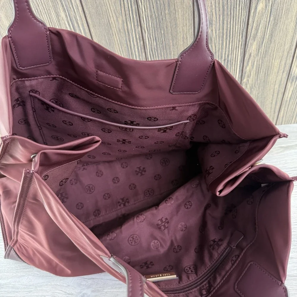 Tory Burch Ella Large Tote Bag Burgundy Nylon Leather Logo Shoulder Handbag